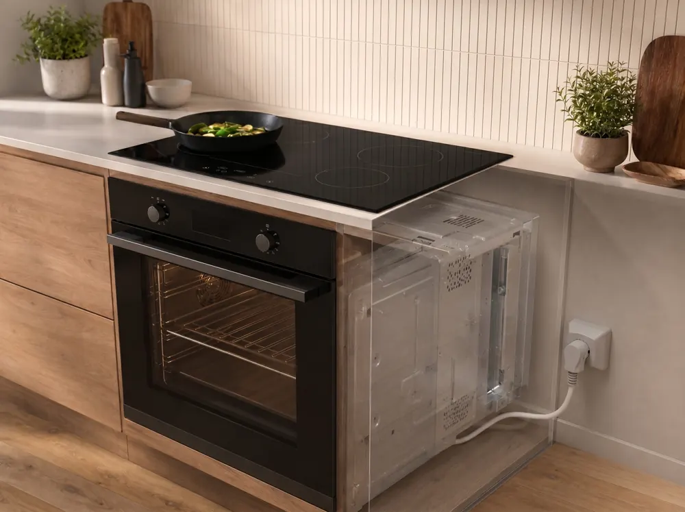 Cutaway view of a built-in oven under an induction hob, plugged into a Perilex socket behind the cabinet