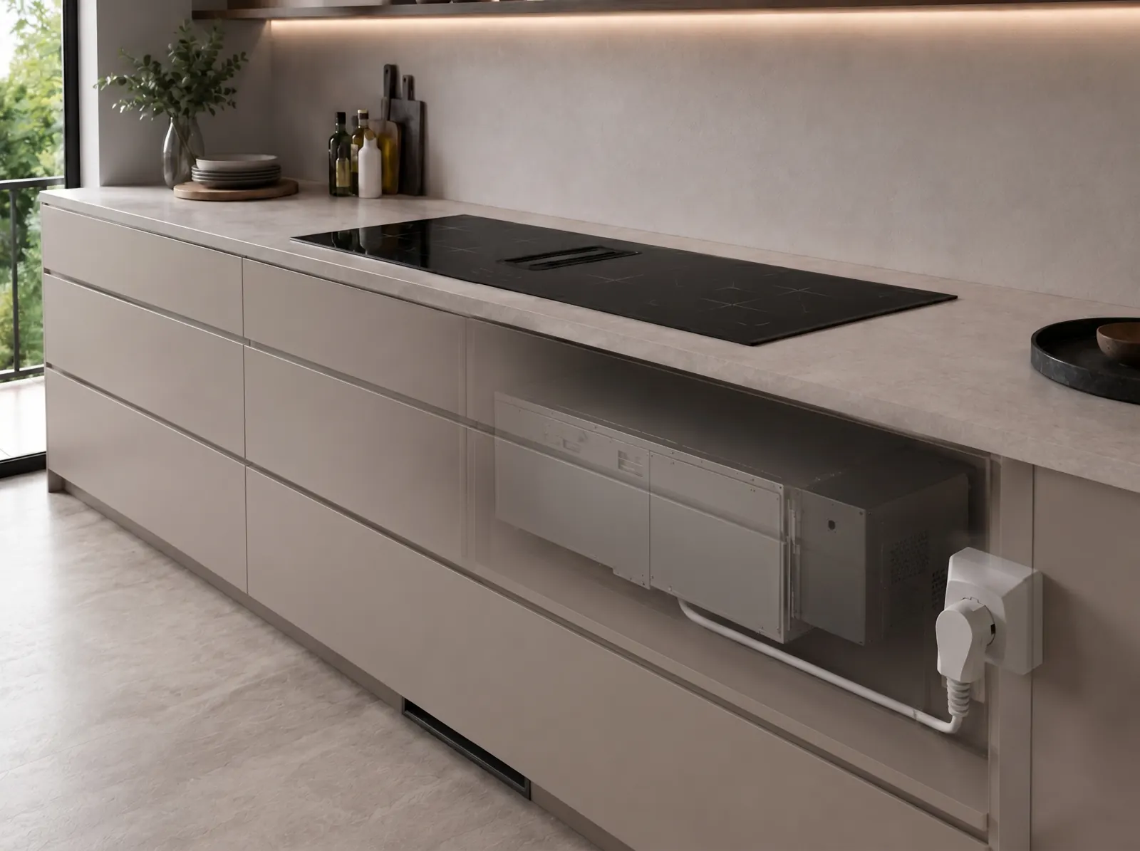 Cutaway view of an induction hob in a kitchen run, its cord connected to a Perilex socket inside the cabinet