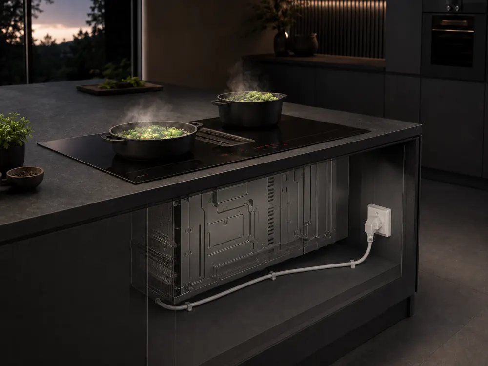 Cutaway view of a kitchen island with induction hob, the cord routed under the hob to a Perilex socket