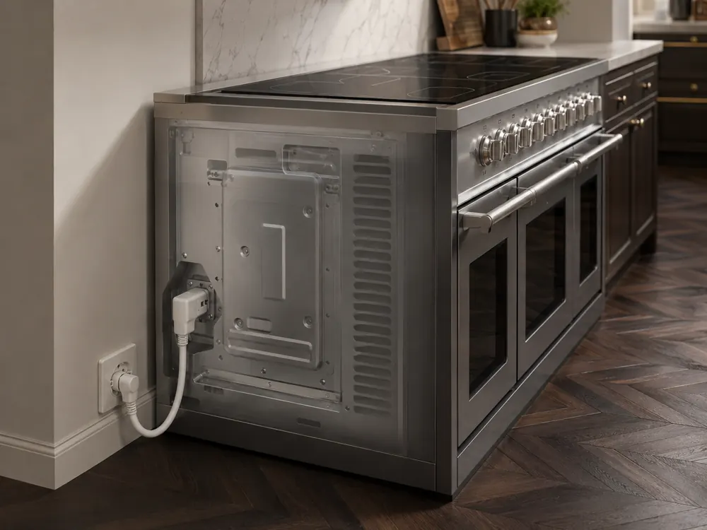 Cutaway view of a freestanding range cooker connected with an angled Perilex plug to a wall socket