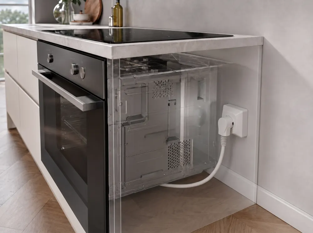 Cutaway view of a built-in oven connected to a surface-mounted Perilex socket on the cabinet wall