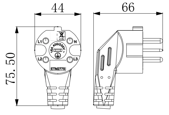 ETM277S dimension drawing: 44 × 75.5 × 66 mm