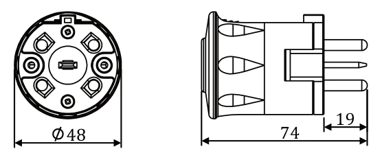 ETM423S dimension drawing: diameter 48 mm, length 74 mm