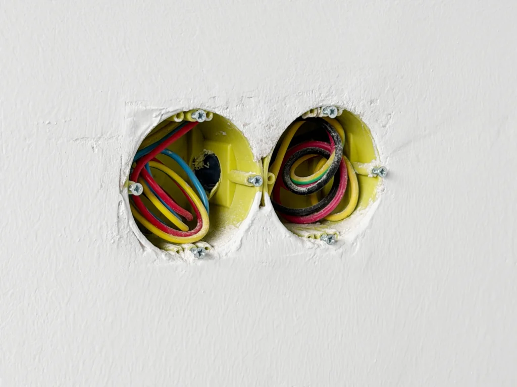 Two round electrical installation boxes recessed in a finished plastered wall, empty and ready for device fitting, with wiring pulled through