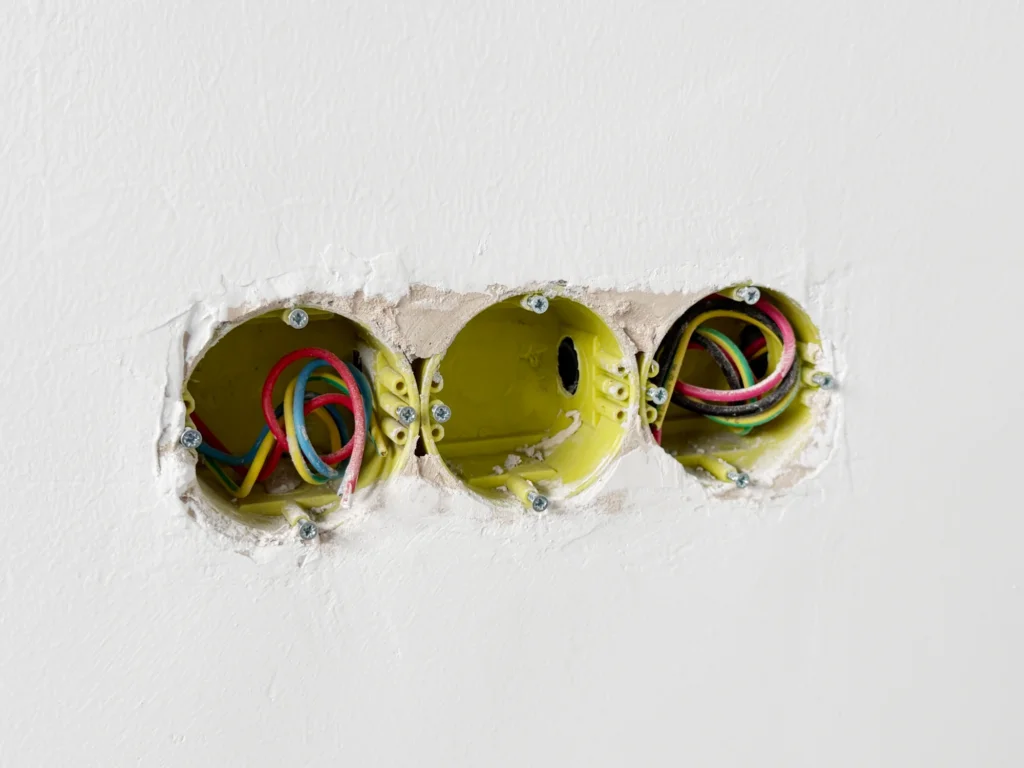 Three round electrical installation boxes recessed in a row in a finished wall for a multi-gang switch or socket installation