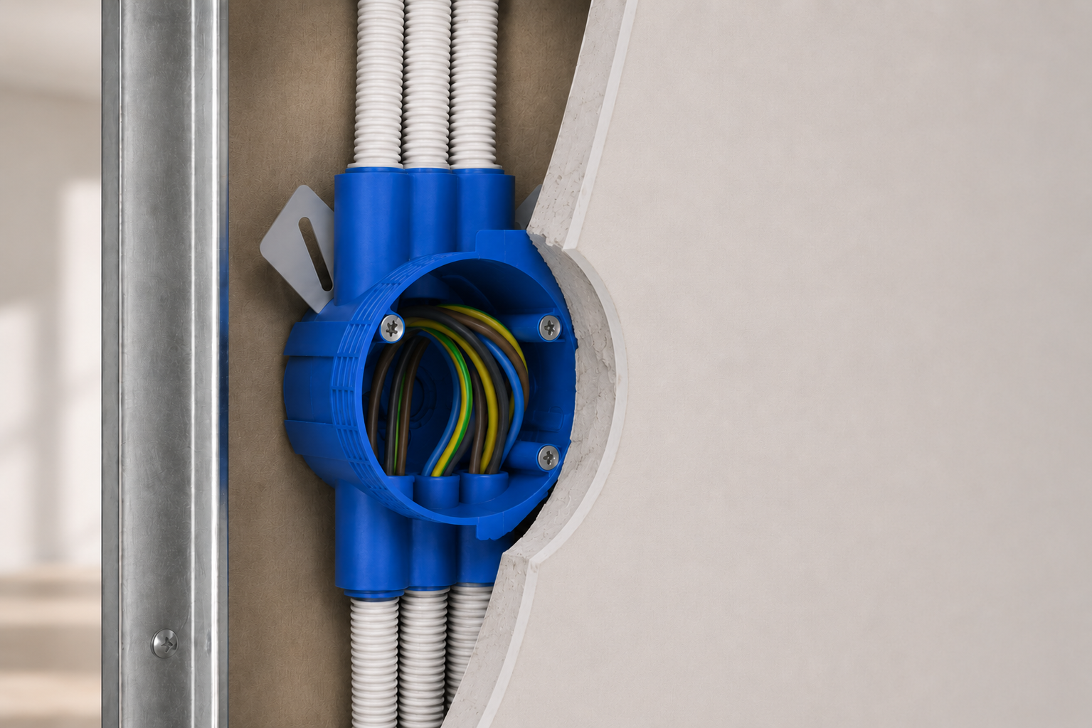 Residential electrical installation box set in a wall construction